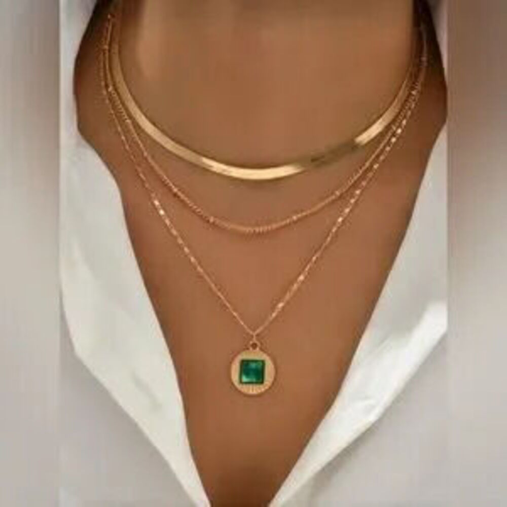 Gold 1pc Layered Necklace Green Pendant Dainty